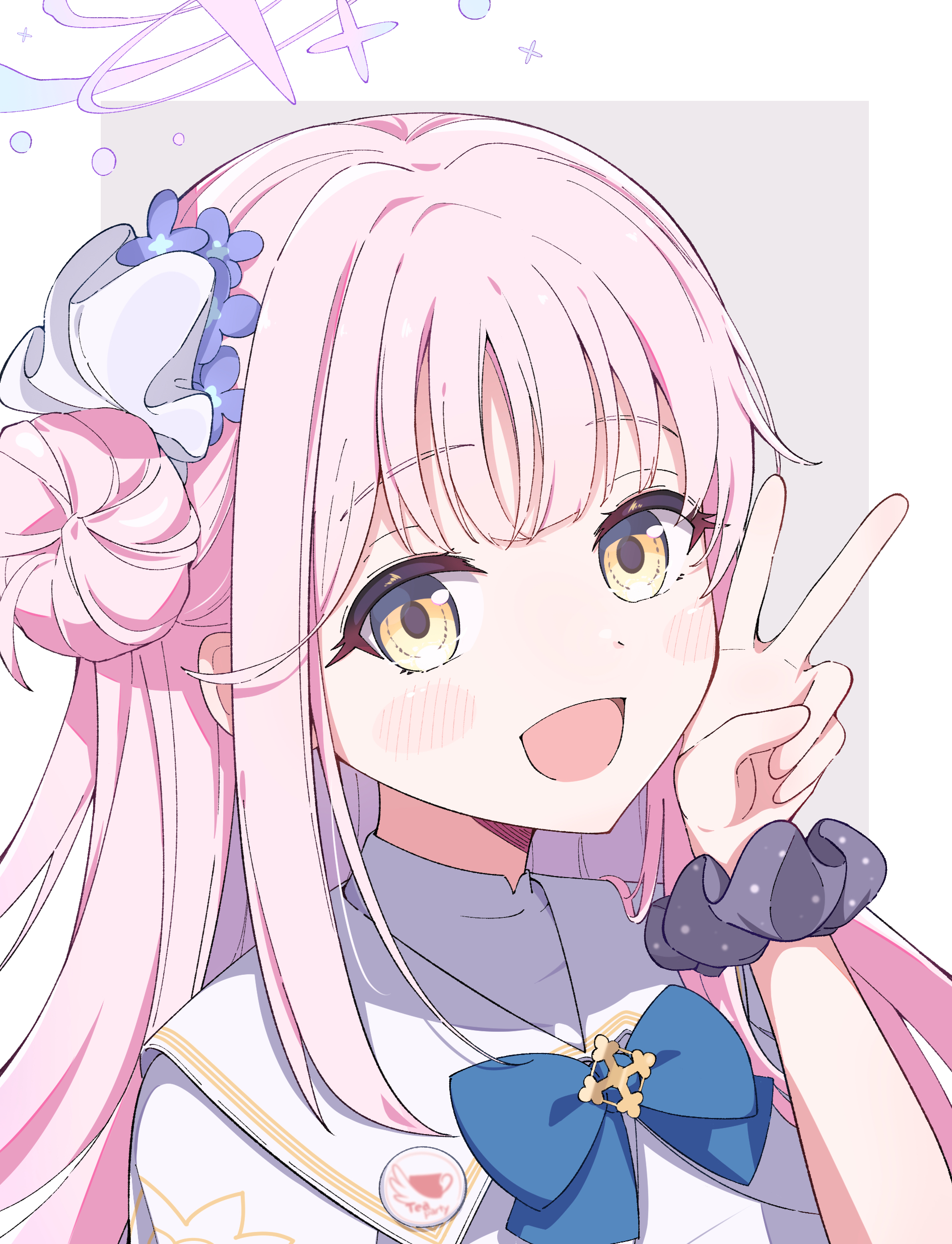yu wo, mika (blue archive), blue archive, absurdres, highres, 1girl, blue bow, bow, capelet, dress, flower, gold trim, hair bun, hair flower, hair ornament, halo, long hair, looking at viewer, open mouth, pink hair, pink halo, scrunchie, single hair bun, single side bun, smile, upper body, v, very long hair, white capelet, white dress, wrist scrunchie, yellow eyes