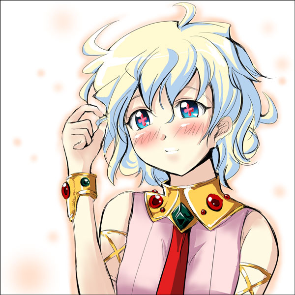 gin'ichi (akacia), ginichi, nia teppelin, tengen toppa gurren lagann, + +, 00s, 1girl, blonde hair, blue eyes, blue hair, blush, bracelet, brooch, cross-shaped pupils, female focus, gem, green gemstone, head tilt, jewelry, looking at viewer, matching hair/eyes, necktie, red necktie, short hair, simple background, solo, symbol-shaped pupils, upper body, white background