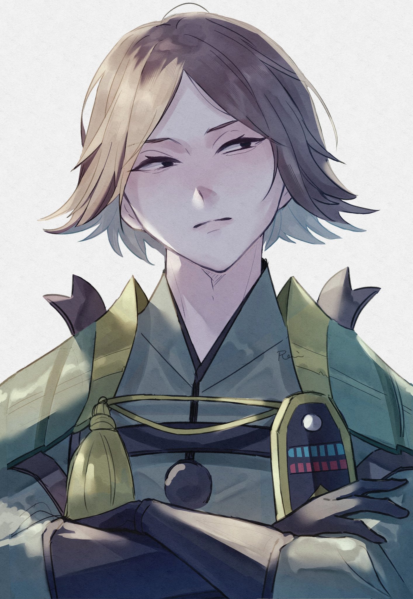 am1582, mouri motonari (sengoku basara), sengoku basara, commentary, highres, 1boy, black eyes, black gloves, brown hair, crossed arms, frown, gloves, grey background, looking to the side, male focus, no headwear, portrait, short hair, simple background, solo