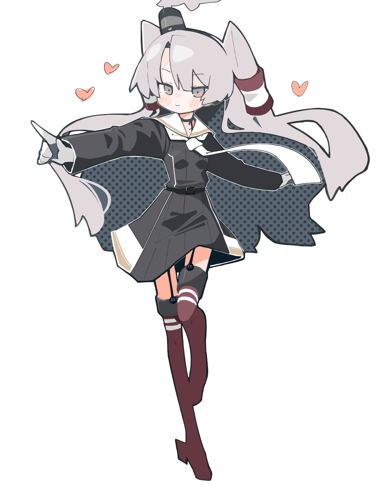bb 15hz, amatsukaze (kancolle), amatsukaze kai ni (kancolle), kantai collection, highres, 1girl, black dress, blush, closed mouth, dress, garter straps, gloves, grey gloves, hair between eyes, hair tubes, heart, long hair, long sleeves, neckerchief, pointing, red thighhighs, rudder footwear, sailor collar, sailor dress, simple background, solo, thighhighs, two side up, very long hair, white background, white neckerchief, white sailor collar