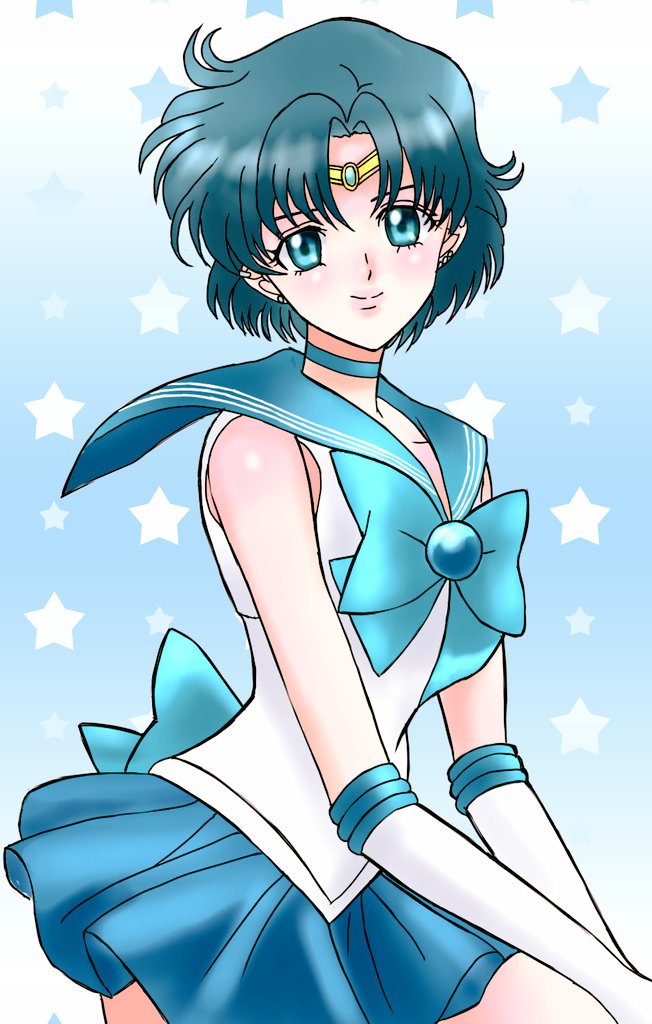 rabitan1022, mizuno ami, sailor mercury, bishoujo senshi sailor moon, 1girl, back bow, blue choker, blue eyes, blue hair, blue sailor collar, blue skirt, bow, choker, circlet, gloves, sailor collar, short hair, skirt, solo, white gloves
