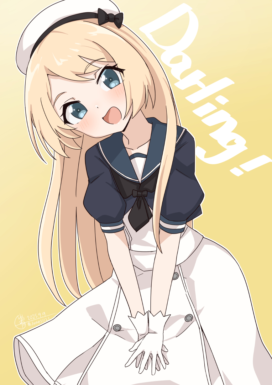 junes, jervis (kancolle), kantai collection, highres, 1girl, black neckerchief, blonde hair, blue eyes, blue sailor collar, blush, dress, english text, gloves, hair between eyes, hat, long hair, looking at viewer, neckerchief, open mouth, own hands together, sailor collar, sailor dress, sailor hat, short sleeves, simple background, solo, white dress, white gloves, white hat, yellow background