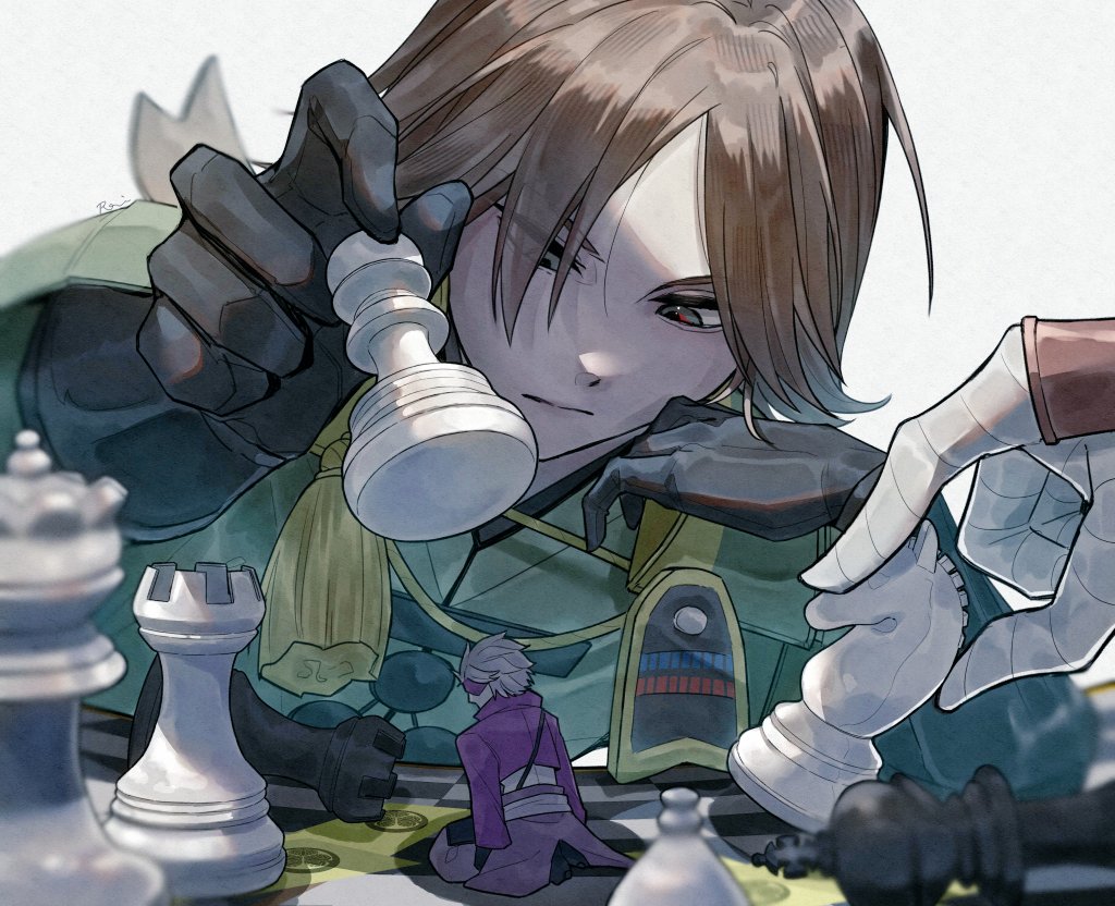 am1582, chousokabe motochika (sengoku basara), mouri motonari (sengoku basara), sengoku basara, commentary request, 3boys, bandaged hand, bandages, black gloves, board game, brown hair, chess, chess piece, chessboard, eyepatch, gloves, green eyes, grey hair, holding, holding chess piece, king (chess), knight (chess), looking at another, male focus, mini person, miniboy, multiple boys, ootani yoshitsugu (sengoku basara), out of frame, pawn (chess), queen (chess), rook (chess), short hair, size difference, solo focus, white background