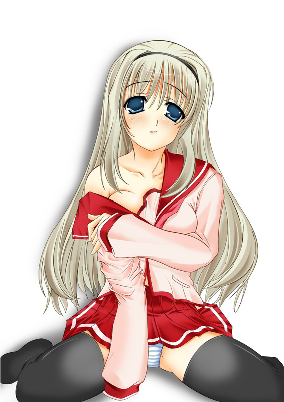 shio, kusugawa sasara, to heart (series), to heart 2, 00s, panties, pantyshot, solo, striped clothes, striped panties, thighhighs, underwear