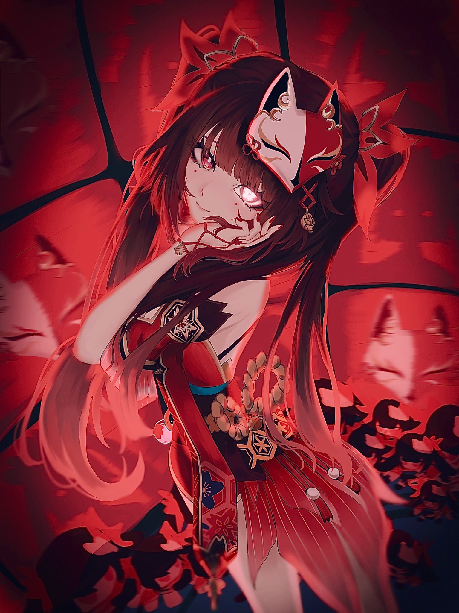 sui ojin, sparkle (doll) (honkai: star rail), sparkle (honkai: star rail), honkai: star rail, honkai (series), highres, 1girl, bare shoulders, bell, black sash, bow, breasts, brown hair, closed mouth, criss-cross halter, detached sleeves, dress, floral print, fox mask, from side, hair bow, hair ornament, halterneck, hand on own cheek, hand on own face, japanese clothes, kimono, long hair, looking at viewer, mark under both eyes, mask, mask on head, mole, mole under eye, multicolored hair, nail polish, red bow, red dress, red eyes, red kimono, red nails, red sleeves, sash, short kimono, solo, standing, television, twintails, two-tone hair, very long hair