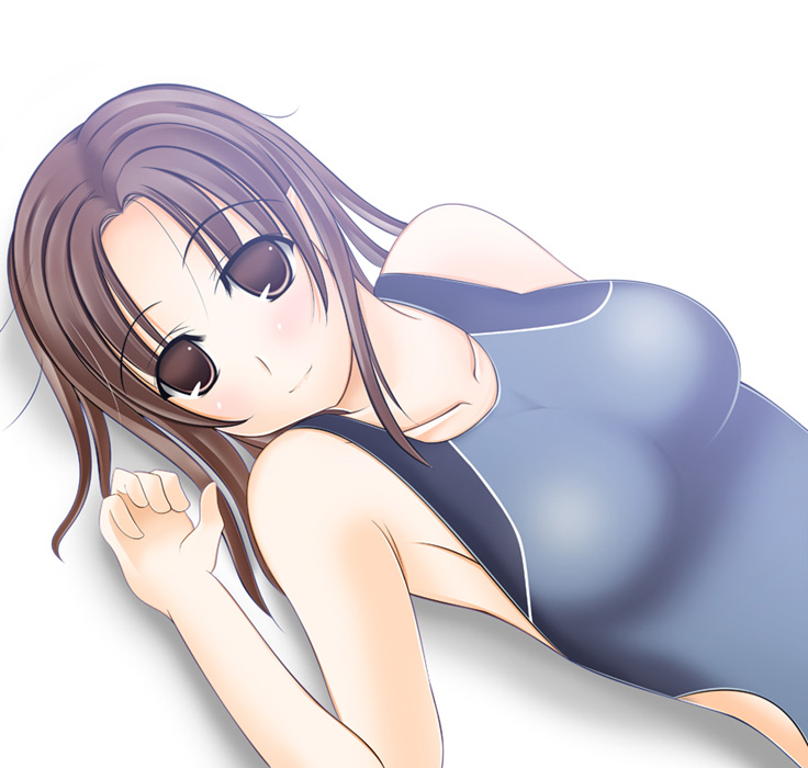 shio, kawada tomoko, kimi kiss, 1girl, blush, brown eyes, brown hair, competition swimsuit, dutch angle, female focus, one-piece swimsuit, smile, solo, swimsuit