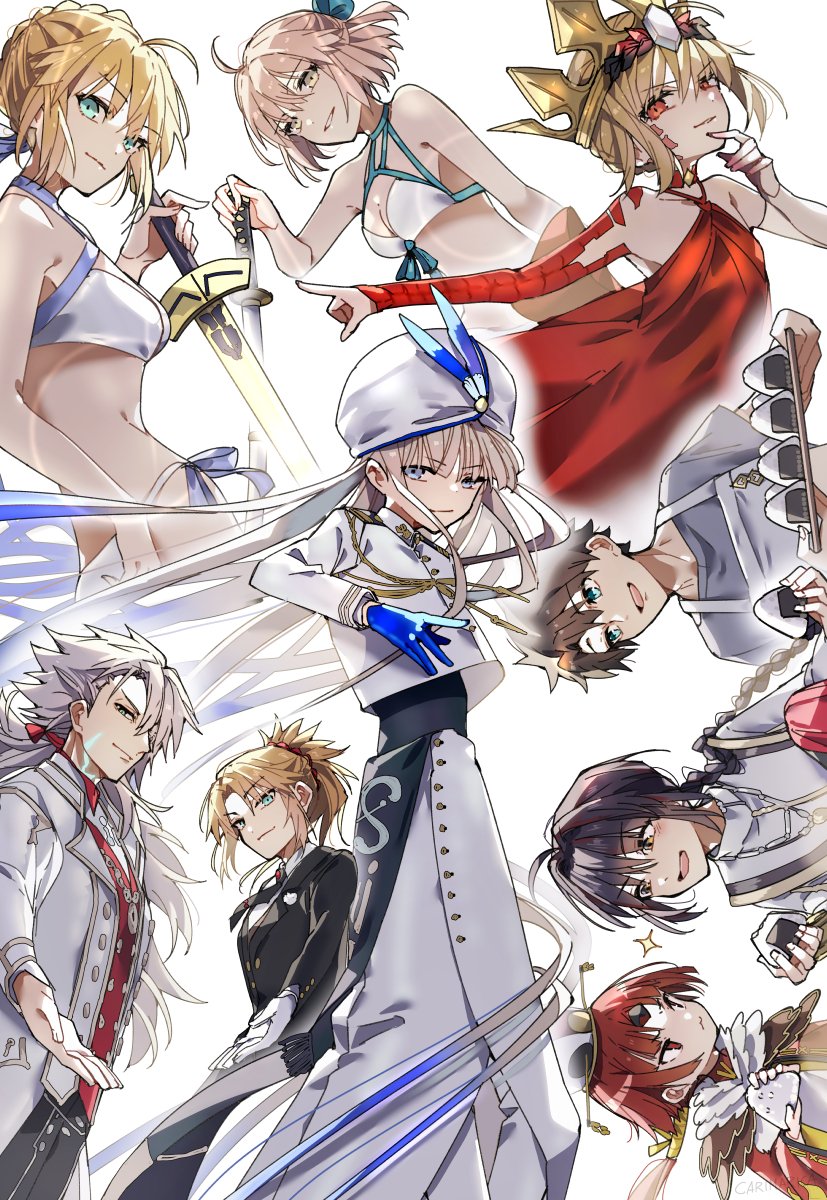 carimarica, artoria pendragon (fate), artoria pendragon (swimsuit archer) (fate), artoria pendragon (swimsuit archer) (first ascension) (fate), beni-enma, beni-enma (second ascension), fujimaru ritsuka (male), mordred (fate), mordred (formal dress) (fate), nemo (first ascension) (fate/grand order arcade), nero claudius (fate), okita j. souji (fate), okita j. souji (third ascension) (fate), okita souji (fate), queen draco (fate), queen draco (first ascension) (fate), siegfried (dream portrait) (fate), siegfried (fate), yamato takeru (fate), fate/grand order, fate/grand order arcade, fate (series), highres, 1other, 3boys, 5girls, ahoge, androgynous, aqua bikini, aqua bow, ascot, bikini, black hair, black necktie, black sash, blonde hair, blue eyes, blue feathers, blue gloves, blue hair, bow, braid, braided ponytail, breasts, butler, chaldea logo, cheek tattoo, crossdressing, crossdressing (ftm), crown, dress, excalibur (fate/stay night), facial mark, feathers, female butler, food, formal clothes, front-tie bikini top, front-tie top, gloves, glowing, glowing tattoo, gold crown, gradient hair, green eyes, hair bow, hair bun, hair intakes, hair ornament, hair scrunchie, hat, hat feather, jacket, japanese clothes, katana, kimono, lapels, long hair, long sleeves, looking at viewer, low ponytail, medium breasts, military uniform, multicolored hair, multiple boys, multiple girls, naval uniform, neck tattoo, necktie, nemo (fate/grand order arcade), onigiri, pointed crown, ponytail, red ascot, red dress, red eyes, red hair, red kimono, red scrunchie, ribbon, sash, scales, scrunchie, short hair, sidelocks, single braid, smile, suit, swimsuit, sword, tattoo, turban, tuxedo, very long hair, weapon, white bikini, white gloves, white hair, white turban, yellow eyes