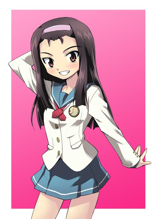 nippori, minase iori, idolmaster, idolmaster xenoglossia, 00s, 1girl, black hair, blush, brooch, dress, female focus, hairband, jewelry, legs, long hair, looking at viewer, miniskirt, red eyes, sailor dress, skirt, smile, solo, teeth