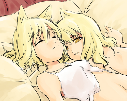 sakuraba yuuki, alice margatroid, kirisame marisa, touhou, lowres, 2girls, animal ears, back, bare back, bare shoulders, bed, blonde hair, camisole, cat ears, cat girl, closed eyes, clothed female nude female, female focus, kemonomimi mode, long hair, lying, multiple girls, navel, nude, on back, on stomach, open mouth, pillow, see-through clothes, short hair, sleeping, sleepy, smile, tank top, yellow eyes, yuri