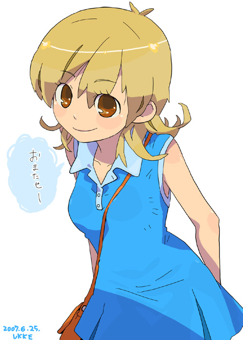 ukke, original, translated, bag, blonde hair, blush, brown eyes, dress, smile, solo, speech bubble