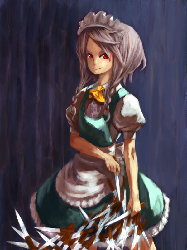 binayu, izayoi sakuya, touhou, silver hair, 1girl, braid, female focus, knife, short hair, solo, twin braids
