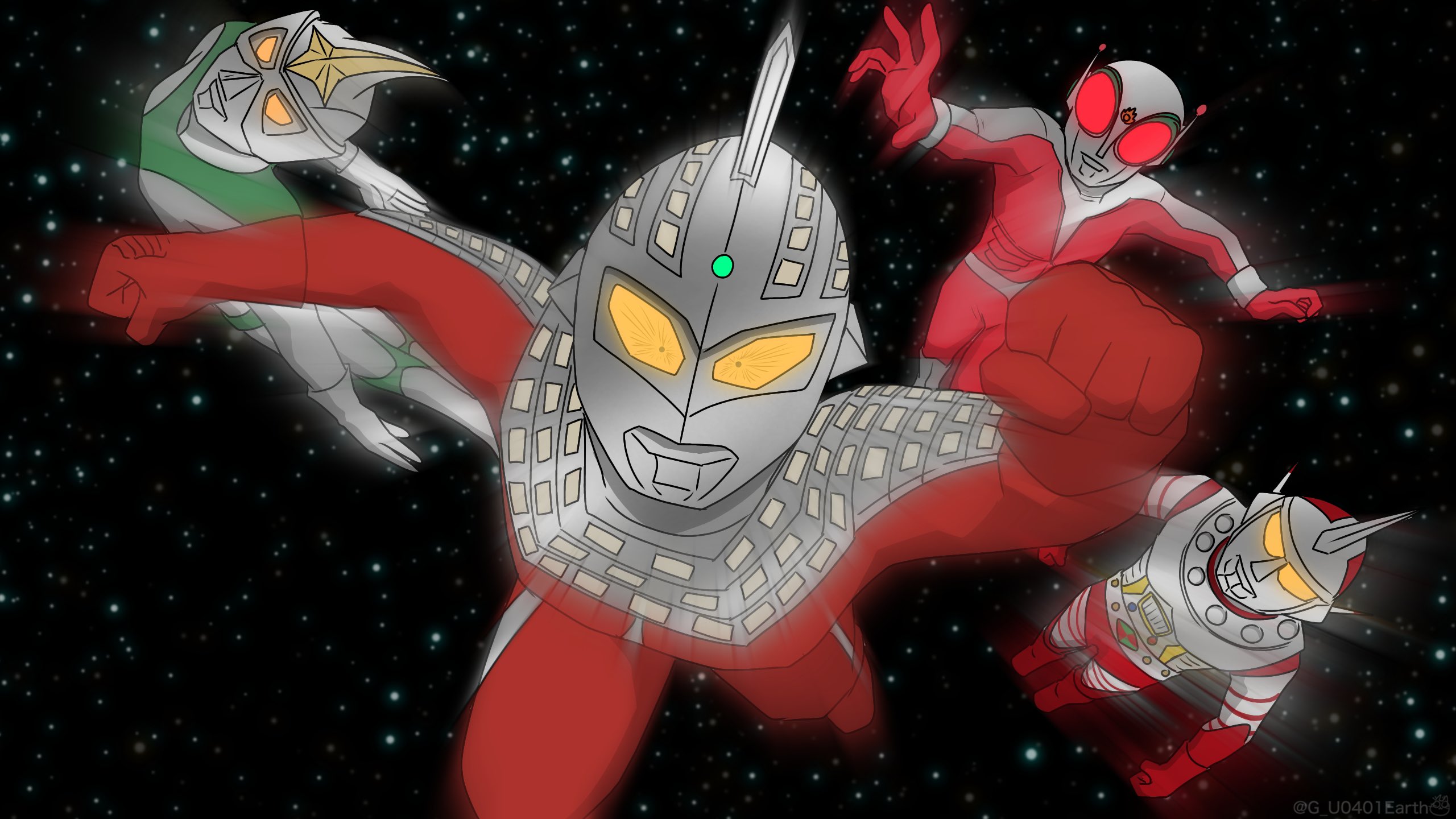 g u0401earth, fireman (fireman), jumborg ace, mirrorman, ultraseven, fireman (series), mirrorman (series), tsuburaya productions, ultra galaxy (series), ultra series, ultraman zero the movie choukessen! belial ginga teikoku, ultraseven (series), highres, 4boys, alien, armor, clenched hands, colored skin, creator connection, crossover, eye slugger, gem, glowing, jumborg a, male focus, multicolored skin, multiple boys, raised fists, red skin, scene reference, silver skin, space, tokusatsu, yellow eyes
