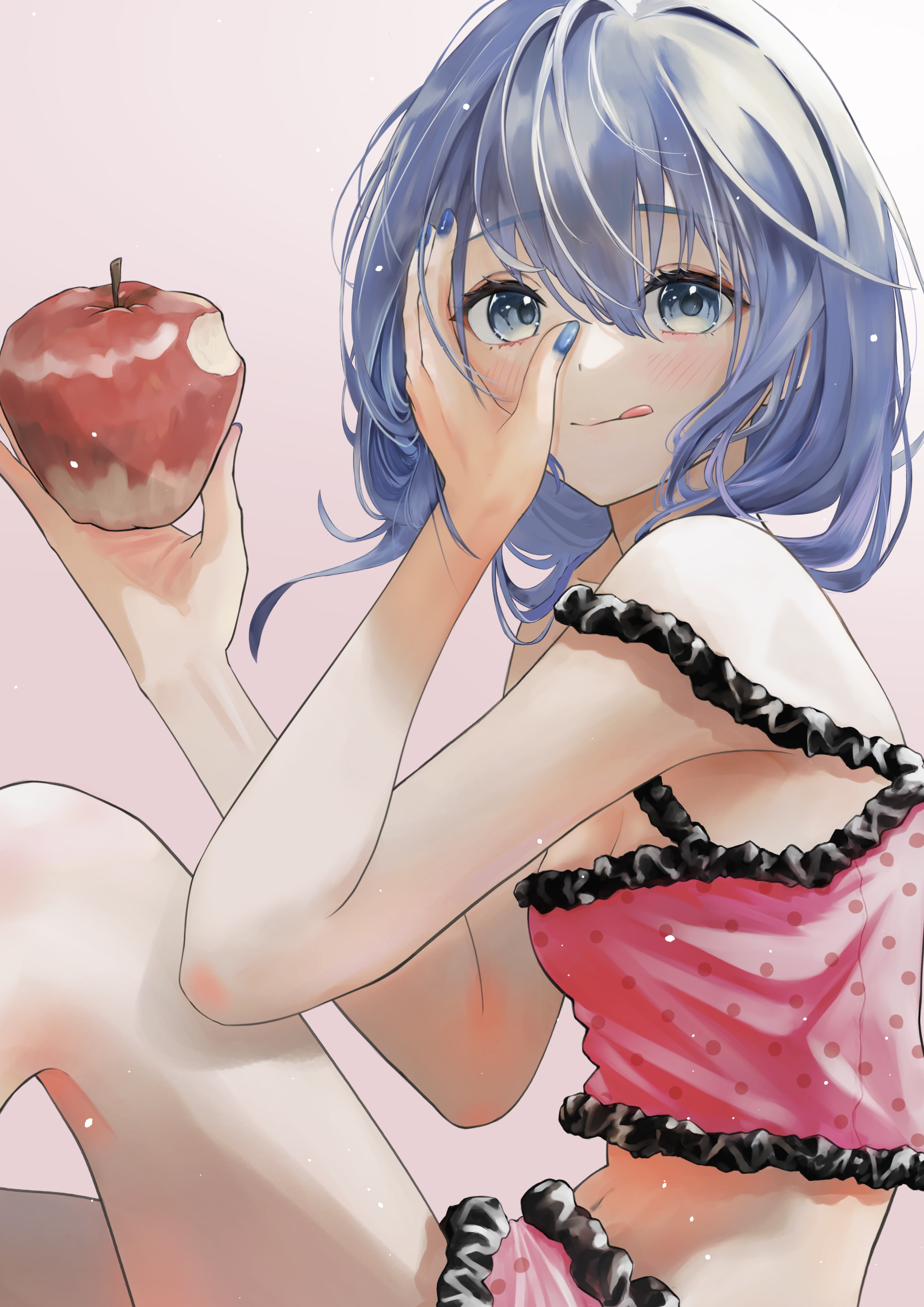 hxk4 n, hatsune miku, romeo to cinderella (vocaloid), vocaloid, absurdres, commentary request, highres, 1girl, :q, apple, bare shoulders, blue eyes, blue hair, blue nails, blush, breasts, camisole, cleavage, crop top, food, frilled camisole, frilled shorts, frills, fruit, hair between eyes, hand on own face, holding, holding food, holding fruit, licking lips, looking at viewer, medium breasts, medium hair, midriff, nail polish, navel, pink camisole, polka dot, shorts, simple background, sitting, smile, solo, strap slip, tongue, tongue out