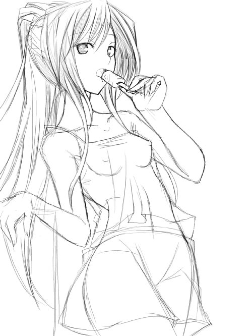 ribi, tagme, camisole, food, greyscale, monochrome, popsicle, sketch, solo