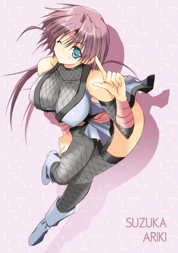 tanaka hitoriaruki, original, 1girl, breasts, cleavage, female focus, fishnet thighhighs, fishnets, green eyes, large breasts, ninja, one eye closed, pink hair, solo, suzuka ariki, thighhighs, wink