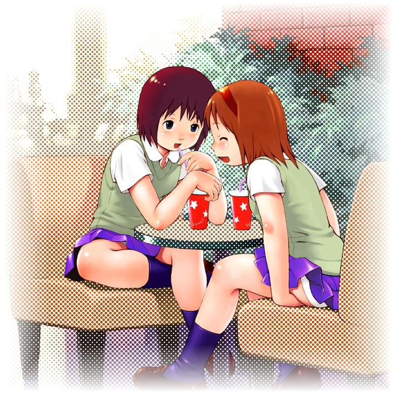 tsuzuki kazuhiko, byunbyun house, drinking, loli, school uniform, serafuku, sweater, sweater vest, underwear, upskirt, vest