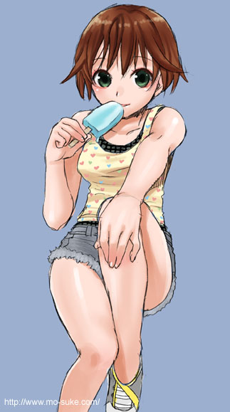 mattaku mousuke, original, 1girl, brown hair, cutoffs, denim, denim shorts, female focus, food, green eyes, grey background, ice cream, popsicle, short hair, shorts, simple background, solo, watermark, web address