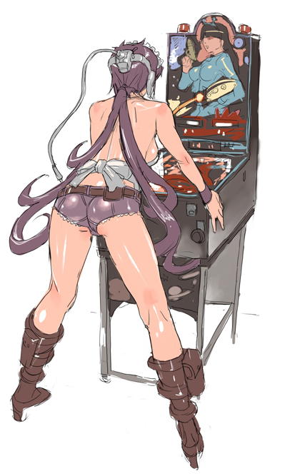 junny, original, 1girl, ass, backless outfit, bare back, bare shoulders, belt, boots, breasts, brown boots, cutoffs, denim, denim shorts, female focus, knee boots, large breasts, pinball, pocket, ponytail, purple hair, shorts, sideboob, simple background, solo, sweatband, white background
