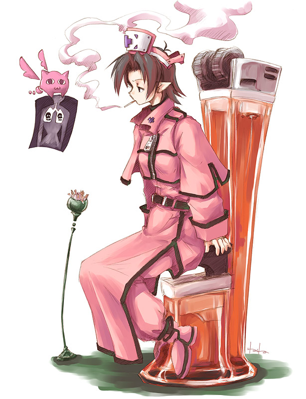 akiyama nenehisa, original, uniform, 1girl, :3, androgynous, ankle boots, black eyes, boots, brown hair, capelet, cigarette, creature, cross, cross print, expressionless, female focus, flying, hat, long sleeves, looking at viewer, nurse cap, pink boots, short hair, signature, simple background, sitting, skull, smoke, smoking, solo, white background, zipper