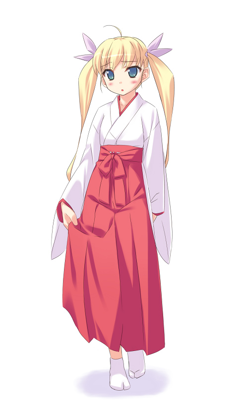 miyatsuki itsuka, original, 1girl, blonde hair, female focus, hakama, hakama skirt, japanese clothes, miko, red hakama, simple background, skirt, solo, tabi, twintails