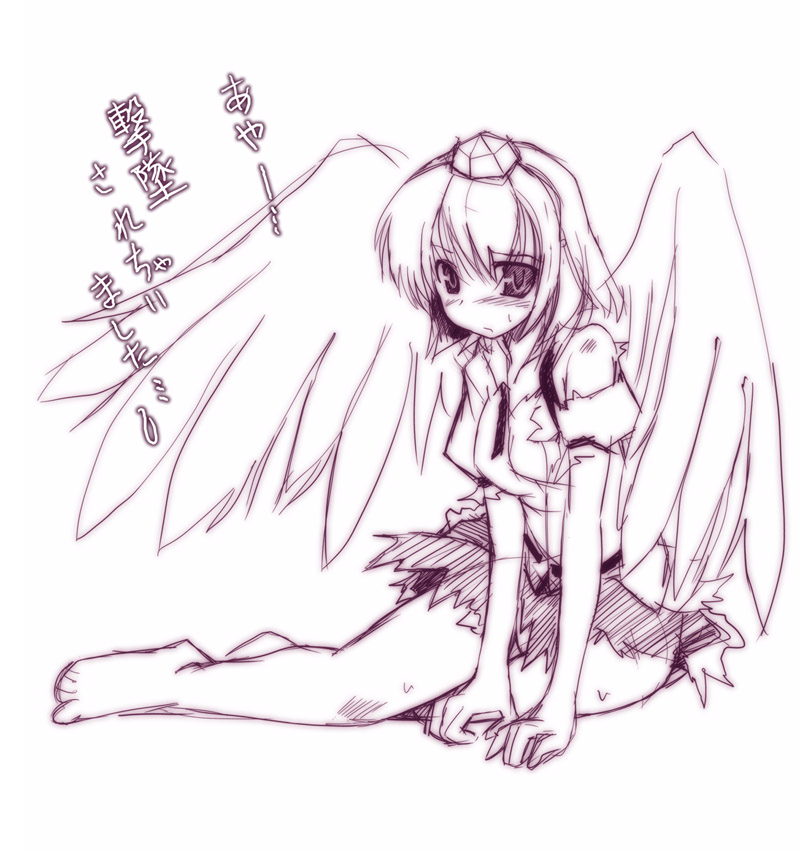 seo tatsuya, shameimaru aya, touhou, untied, 1girl, arm support, barefoot, blush, female focus, full body, hat, legs, looking at viewer, monochrome, purple theme, simple background, sketch, solo, tokin hat, torn clothes, wings