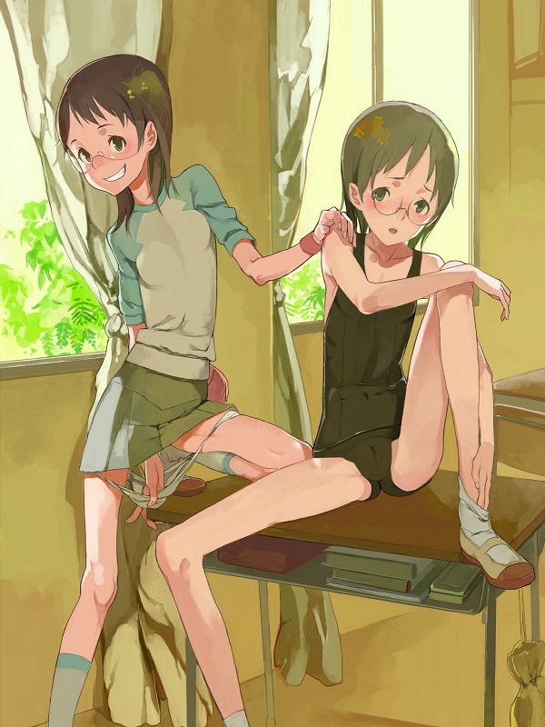 fakepucco, hashimoto fumie, okonogi yuuko, dennou coil, 00s, 2girls, desk, glasses, long legs, multiple girls, panties, panty pull, raglan sleeves, skinny, spread legs, underwear