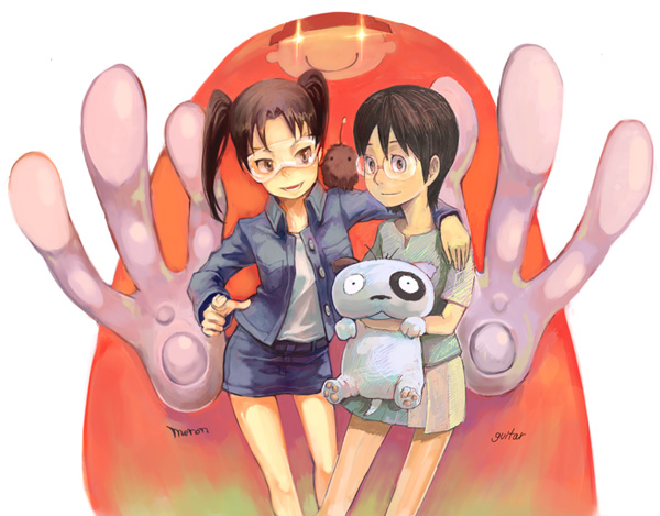 guitar (guitars), amasawa yuuko, densuke (dennou coil), mojo (dennou coil), okonogi yuuko, searchmaton (dennou coil), dennou coil, 00s, 2girls, brown hair, glasses, multiple girls, short hair, twintails