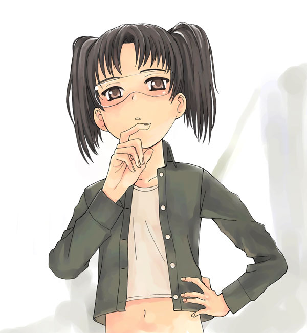 yamamoto shima, amasawa yuuko, dennou coil, 00s, 1girl, black hair, brown hair, female focus, glasses, midriff, navel, shibahime kyou, short hair, solo, twintails