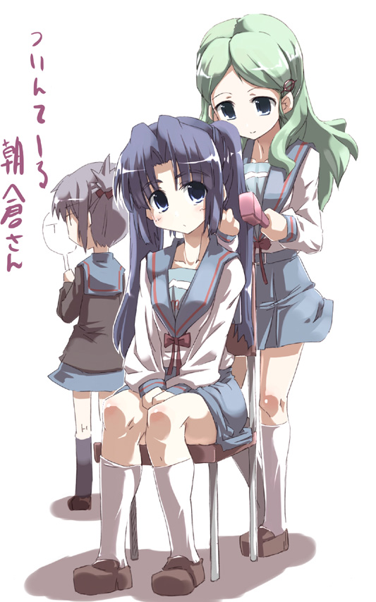 tokyo (great akuta), asakura ryoko, kimidori emiri, nagato yuki, suzumiya haruhi no yuuutsu, translated, 00s, brushing hair, hair brush, school uniform, serafuku, twintails