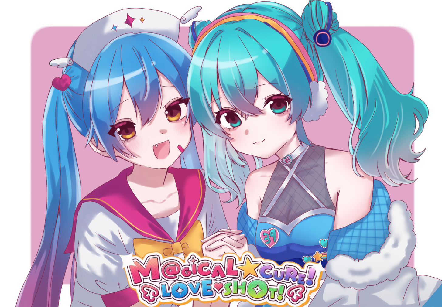 hatsune miku, m@gical cure! love shot! (vocaloid), vocaloid, 2girls, 39, aqua eyes, aqua hair, blue jacket, bow, breasts, closed mouth, collarbone, dual persona, fur-trimmed jacket, fur trim, gradient hair, hair between eyes, hair ornament, holding, holding hands, jacket, long hair, long sleeves, looking at viewer, medium breasts, multicolored hair, multiple girls, open mouth, orange bow, red hair, school uniform, smile, song name, sxkm5353, twintails, very long hair