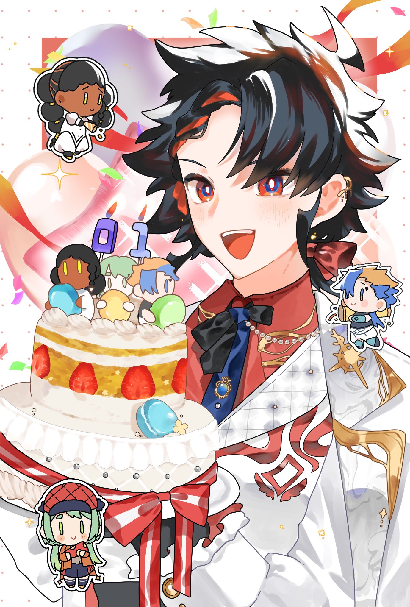 desscaras, gokuraku (madan no ichi), ichi (madan no ichi), kumugi (madan no ichi), madan no ichi, highres, 2boys, 2girls, black hair, blue hair, bow, braid, cake, chibi, closed mouth, dark-skinned female, dark skin, dress, earrings, flahmm8hrd6447, food, freckles, gloves, green eyes, green hair, hair bow, hair bun, hair ornament, hair ribbon, hat, holding, jacket, jewelry, long hair, long sleeves, multicolored hair, multiple boys, multiple girls, necktie, open mouth, ribbon, shirt, short hair, skirt, smile, twintails, very dark skin, very long hair, witch, yellow eyes