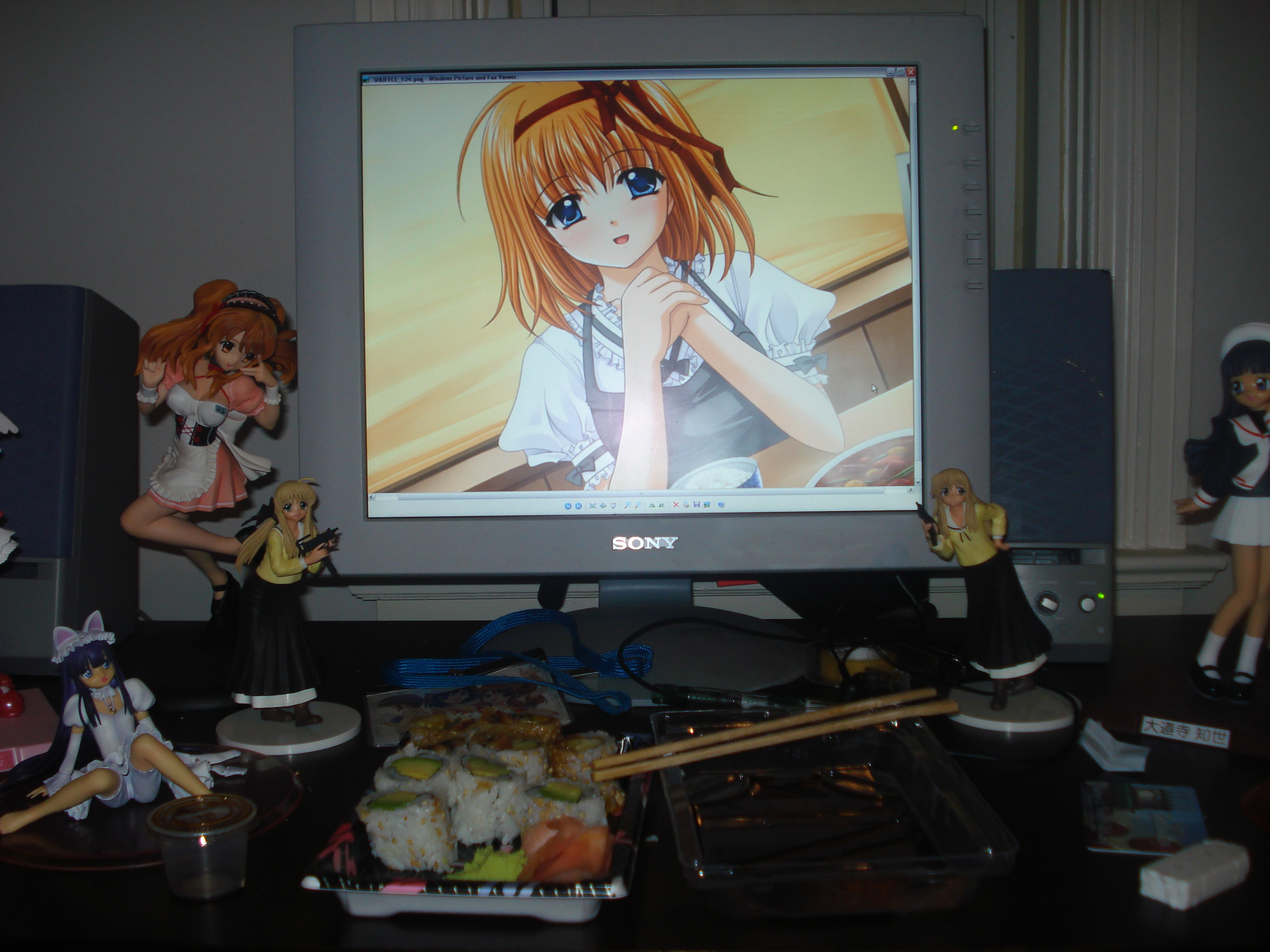 wildarmsheero, asahina mikuru, daidouji tomoyo, fuyou kaede, hazuki (tsukuyomi), nagato yuki, shirogane sara, shirogane souju, suzumiya haruhi, cardcaptor sakura, futakoi, shuffle!, sony, suzumiya haruhi no yuuutsu, tsukuyomi moonphase, game cg, highres, photo (medium), 00s, 1990s (style), 2d dating, 6+girls, :d, ahoge, animal ears, apron, black hair, black shirt, black skirt, blonde hair, bloomers, blue eyes, blunt bangs, boots, bow, bowl, breasts, cable, card, cat ears, character name, chopsticks, cleavage, corset, cross-laced clothes, curry, desk, detached collar, detached sleeves, dress, dutch angle, fake animal ears, fangs, figure, food, frilled apron, frills, gun, hair ribbon, hairband, halterneck, hand on own hip, hands up, happy, hat, head tilt, holding, holding gun, holding weapon, indoors, jewelry, kemonomimi mode, knee up, leaning, leaning forward, leg lift, leg up, lolita fashion, lolita hairband, lonely, long hair, long skirt, long sleeves, looking at viewer, looking down, looking to the side, low twintails, mary janes, miniskirt, monitor, multiple girls, neckerchief, necklace, no humans, open mouth, orange eyes, orange hair, otaku room, own hands together, parted bangs, pen, pendant, plate, pleated skirt, puffy short sleeves, puffy sleeves, purple hair, red ribbon, retro artstyle, ribbon, rice, school uniform, serafuku, shirt, shoes, short sleeves, siblings, sidelocks, sisters, sitting, skirt, sleeve cuffs, sleeves past wrists, small breasts, smile, socks, spaghetti strap, speaker, standing, steam, submachine gun, sushi, table, tape, tomoeda middle school uniform, twins, twintails, underwear, upskirt, very long hair, waist apron, waitress, weapon, white apron, white dress, white hat, white skirt, yellow shirt