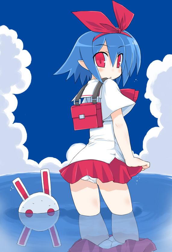 naitou kouse, naitou, pleinair, usagi-san, disgaea, makai senki disgaea 2, nippon ichi, original, 1girl, backpack, bag, blue hair, blush, bow, cloud, day, female focus, hair bow, looking back, panties, pantyshot, pleina, rabbit, randoseru, red eyes, reflection, reflective water, short hair, skirt, sky, solo, underwear, water, white panties