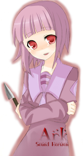 soror, elysion, sound horizon, 1girl, blunt bangs, bob cut, female focus, knife, red eyes, short hair, simple background, solo, white background