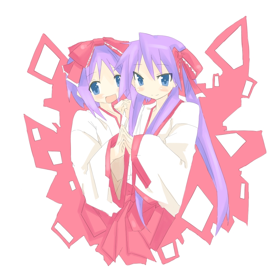 kanikama, hiiragi kagami, hiiragi tsukasa, lucky star, 00s, 1girl, female focus, hakama, hakama skirt, japanese clothes, miko, red hakama, siblings, sisters, skirt, solo, twins