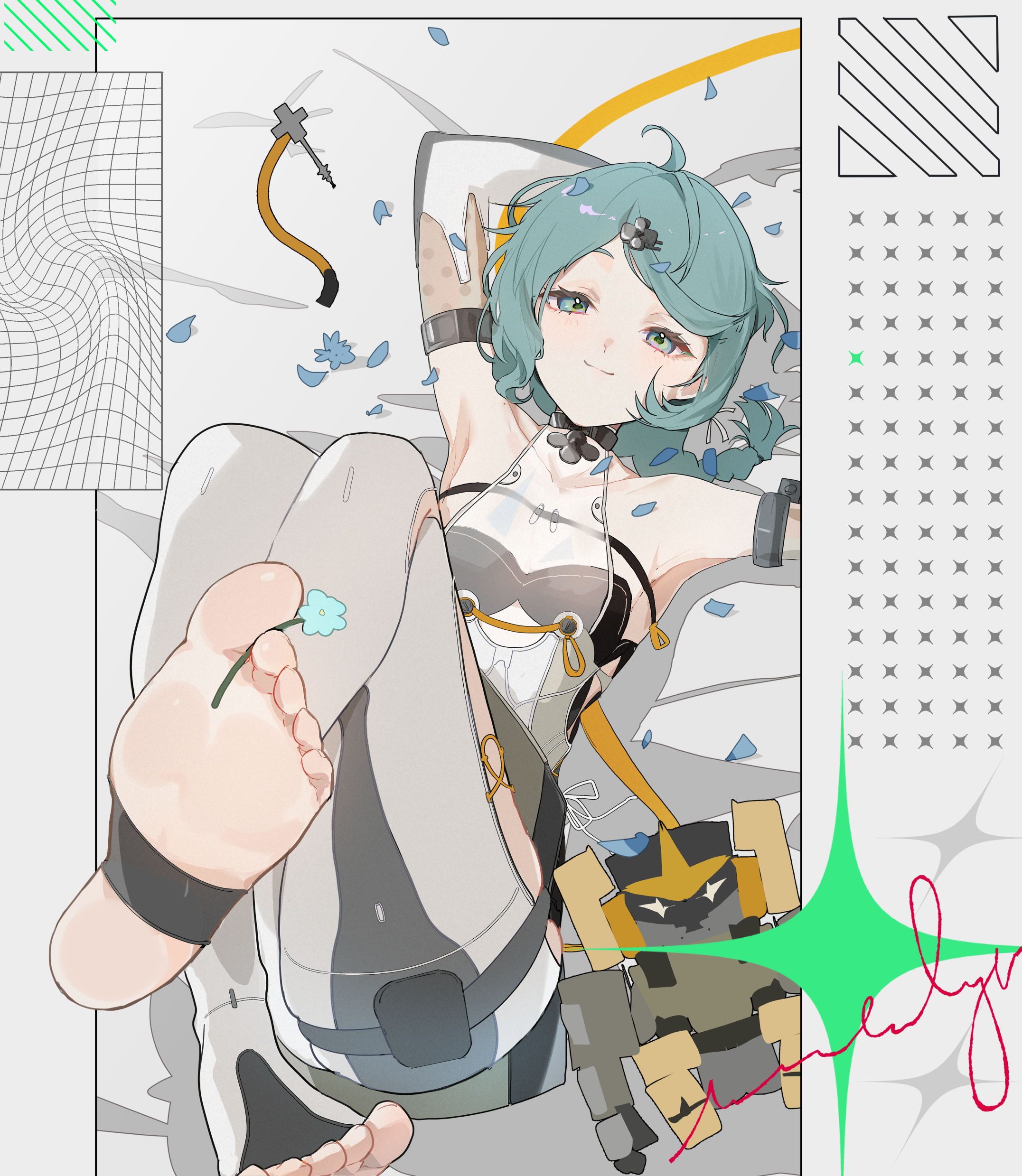 maria (syake-uni), seed (zenless zone zero), zenless zone zero, absurdres, commentary request, highres, 1girl, ahoge, arm behind head, arm out of frame, armpits, arms up, bare shoulders, black choker, blue flower, blue petals, blush, braid, braided ponytail, breasts, choker, closed mouth, collarbone, dress, elbow gloves, feet, flower, foot focus, gloves, green eyes, green hair, hair ornament, hairclip, leg up, long hair, looking at viewer, lying, no shoes, on back, pantyhose, petals, see-through cleavage, see-through clothes, side slit, sidelocks, signature, sleeveless, sleeveless dress, small breasts, smile, soles, solo, swept bangs, thigh strap, white dress, white gloves, white pantyhose