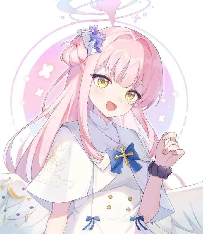 zixi, mika (blue archive), blue archive, 1girl, angel wings, blue bow, blush, bow, buttons, capelet, dress, feathered wings, flower, hair bun, hair flower, hair ornament, long hair, looking at viewer, low wings, open mouth, scrunchie, single hair bun, single side bun, smile, solo, upper body, very long hair, white capelet, white dress, white wings, wing ornament, wings, wrist scrunchie, yellow eyes