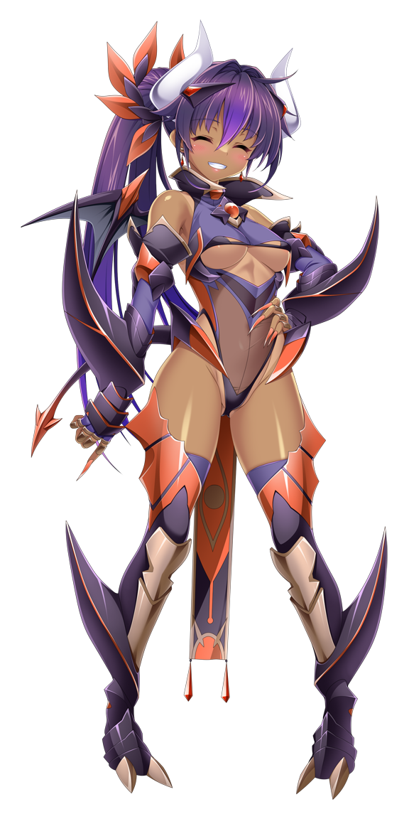kamitsurugi ouka, oosumi kanon, kouyoku senki exs-tia concert, game cg, large variant set, non-web source, official art, variant set, 1girl, armored boots, bare shoulders, blush, boots, breasts, chest jewel, closed eyes, clothing cutout, covered navel, dark-skinned female, dark exs-tia bestia, dark skin, demon girl, demon horns, demon tail, demon wings, earrings, elbow gloves, fingerless gloves, fingernails, full body, gloves, grin, hair between eyes, hand on own hip, highleg, horns, jewelry, large breasts, leotard, long hair, multicolored hair, navel, ponytail, purple hair, purple thighhighs, see-through clothes, shiny clothes, shiny skin, smile, solo, standing, tachi-e, tail, tan, thighhighs, transparent background, underboob, underboob cutout, very long hair, wings