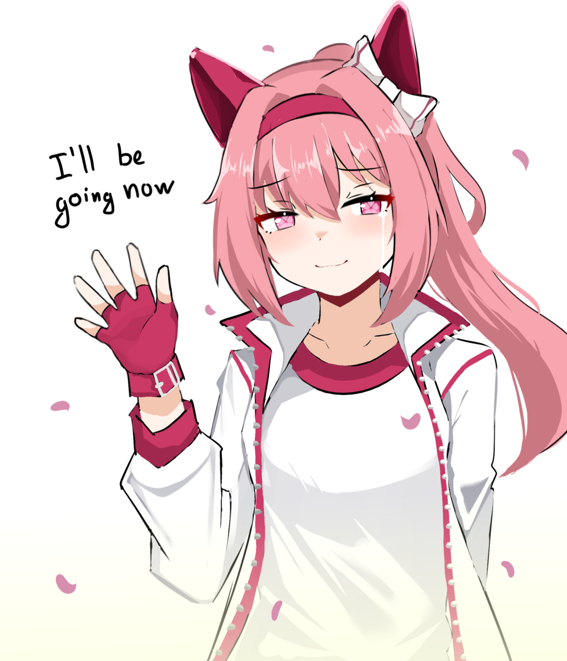sari (zakura27502762), haru urara (umamusume), umamusume, commentary, english commentary, highres, 1girl, animal ears, bow, ear bow, ear covers, fingerless gloves, flower in eye, gloves, haru urara (bestest prize) (umamusume), headband, horse ears, horse girl, jacket, pink hair, pink headband, ponytail, red gloves, shirt, smile, solo, symbol in eye, white jacket, white shirt