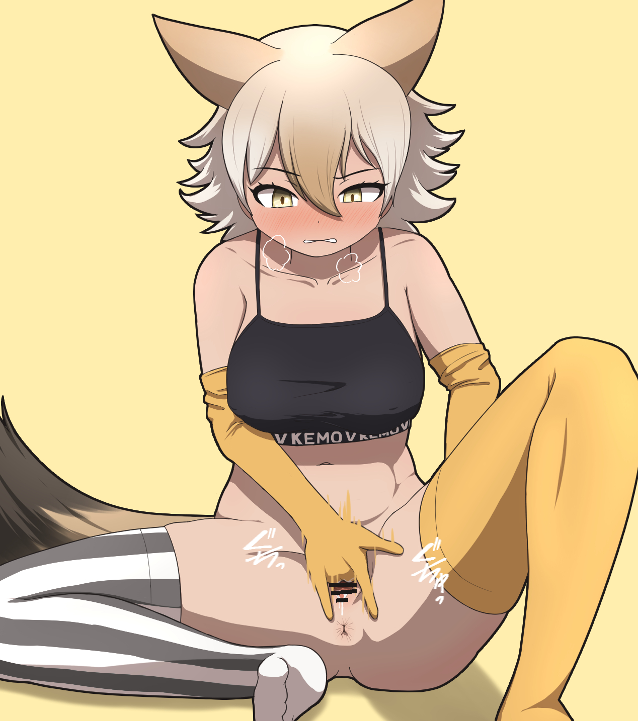 coyote (kemono friends), kemono friends, kemono friends v project, commentary, highres, symbol-only commentary, 1girl, animal ears, blonde hair, blush, camisole, elbow gloves, extra ears, gloves, jikkengoya, masturbation, navel, pussy, short hair, simple background, solo, tail, thighhighs, virtual youtuber, wolf ears, wolf girl, wolf tail, yellow background, yellow eyes