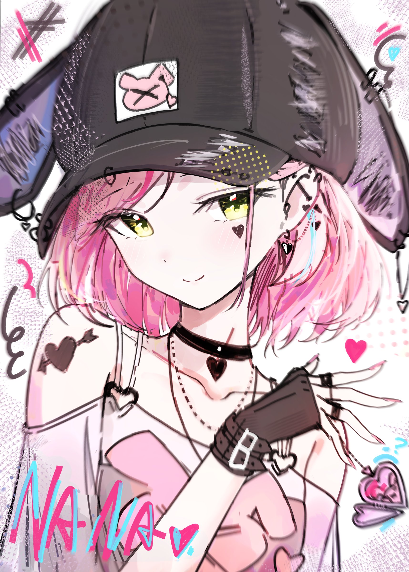 hiyori (hiy0ri 07), hanako nana, peto (hanako nana), stellive, absurdres, commentary, highres, symbol-only commentary, 1girl, animal ear headwear, arrow through heart, baseball cap, black choker, black gloves, black hat, blush, character name, choker, closed mouth, collarbone, fake animal ears, fingerless gloves, fingernails, gloves, green eyes, hat, heart, heart choker, heart sticker, heart tattoo, jewelry, long fingernails, looking at viewer, necklace, off-shoulder shirt, off shoulder, pink hair, pink nails, print shirt, shirt, short hair, shoulder tattoo, smile, solo, split mouth, sticker, sticker on face, tattoo, upper body, virtual youtuber, white background