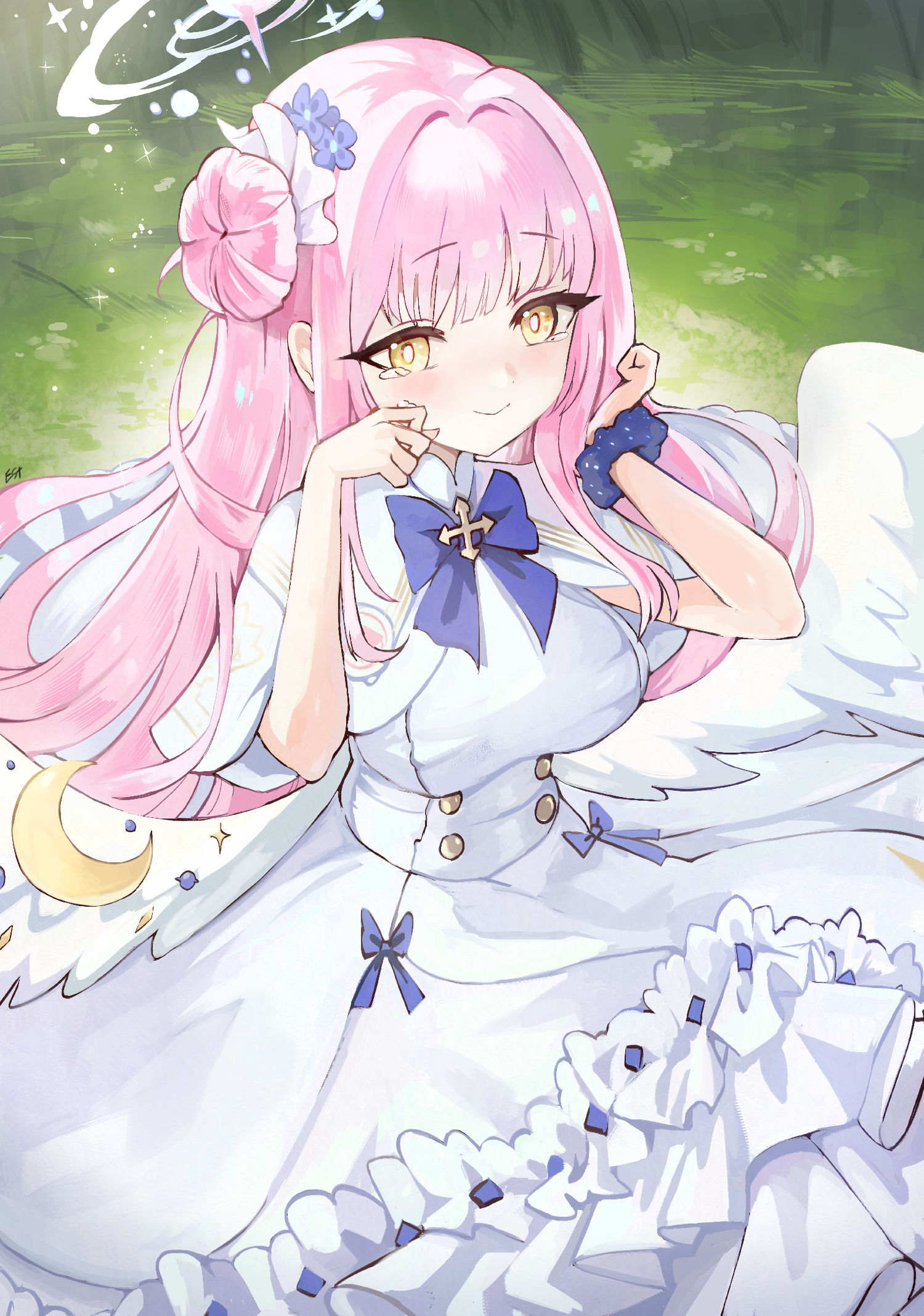 estelle8js, mika (blue archive), blue archive, commentary, highres, 1girl, angel wings, blue bow, blush, bow, breasts, buttons, capelet, closed mouth, double-breasted, dress, feathered wings, frilled dress, frills, grass, hair bun, halo, long hair, low wings, medium breasts, pink hair, pink halo, scrunchie, single hair bun, single side bun, smile, solo, tears, very long hair, white capelet, white dress, white wings, wing ornament, wings, wrist scrunchie, yellow eyes