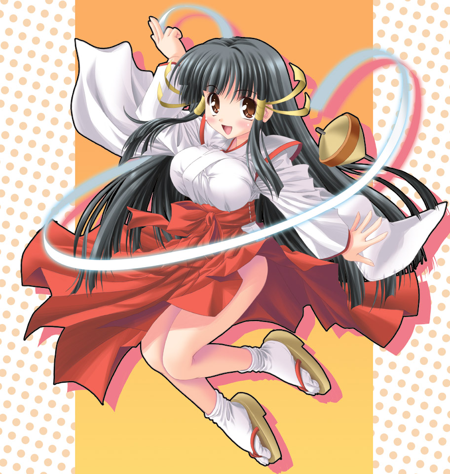noritama (gozen), kasuga maori, aq interactive, arcana heart, atlus, examu, 1girl, breasts, female focus, hakama, hakama skirt, japanese clothes, large breasts, miko, red hakama, skirt, solo