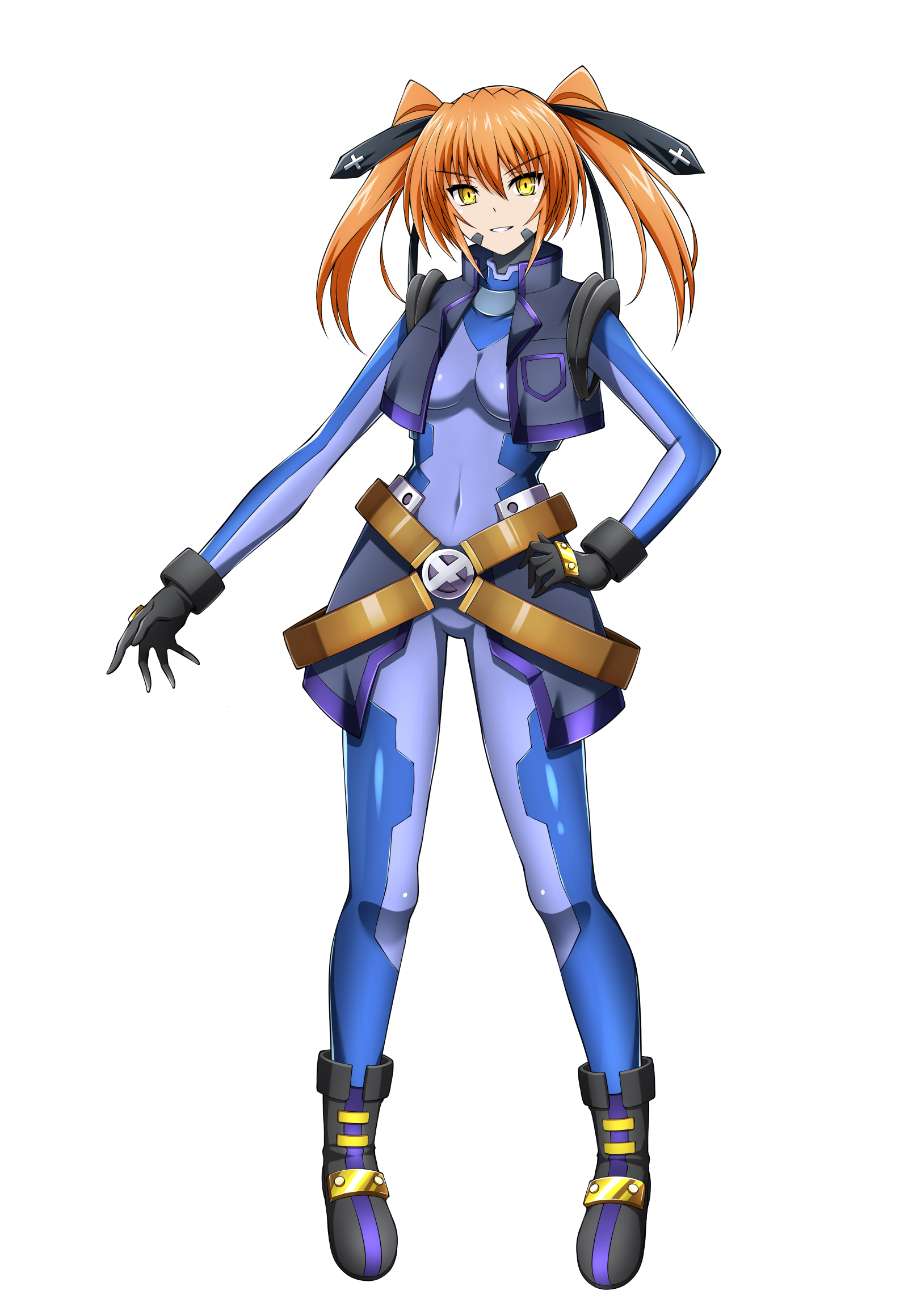 oshimaru026, teana lanster, lyrical nanoha, mahou shoujo lyrical nanoha strikers, commission, highres, pixiv commission, variant set, 1girl, belt, black gloves, blue bodysuit, bodysuit, boots, breasts, covered navel, full body, gloves, grin, hand on own hip, long hair, looking at viewer, medium breasts, open clothes, open vest, orange hair, skin tight, smile, solo, standing, tachi-e, transparent background, twintails, vest, yellow eyes