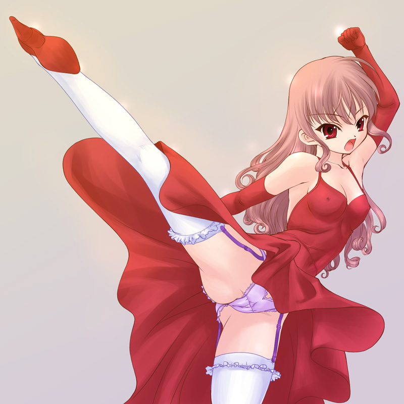 mashue, original, 1girl, brown hair, dress, elbow gloves, female focus, garter belt, garter straps, gloves, high kick, kicking, leg up, lingerie, long hair, no bra, panties, pantyshot, simple background, solo, thighhighs, underwear