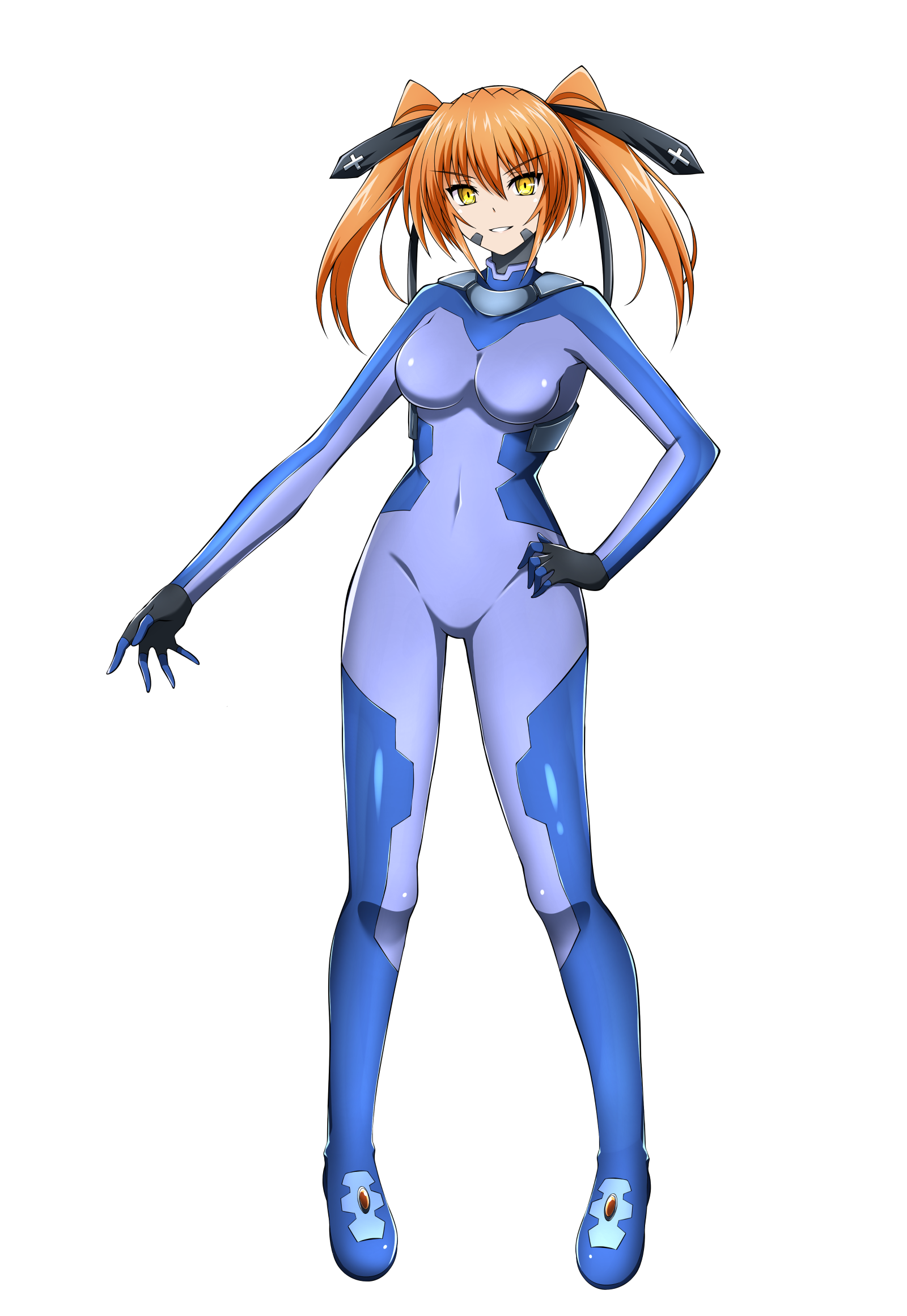 oshimaru026, numbers (nanoha), teana lanster, lyrical nanoha, mahou shoujo lyrical nanoha strikers, highres, variant set, 1girl, blue bodysuit, bodysuit, breasts, corruption, covered navel, full body, grin, hand on own hip, looking at viewer, medium breasts, mind control, numbers' uniform, orange hair, skin tight, smile, solo, standing, transparent background, twintails, yellow eyes