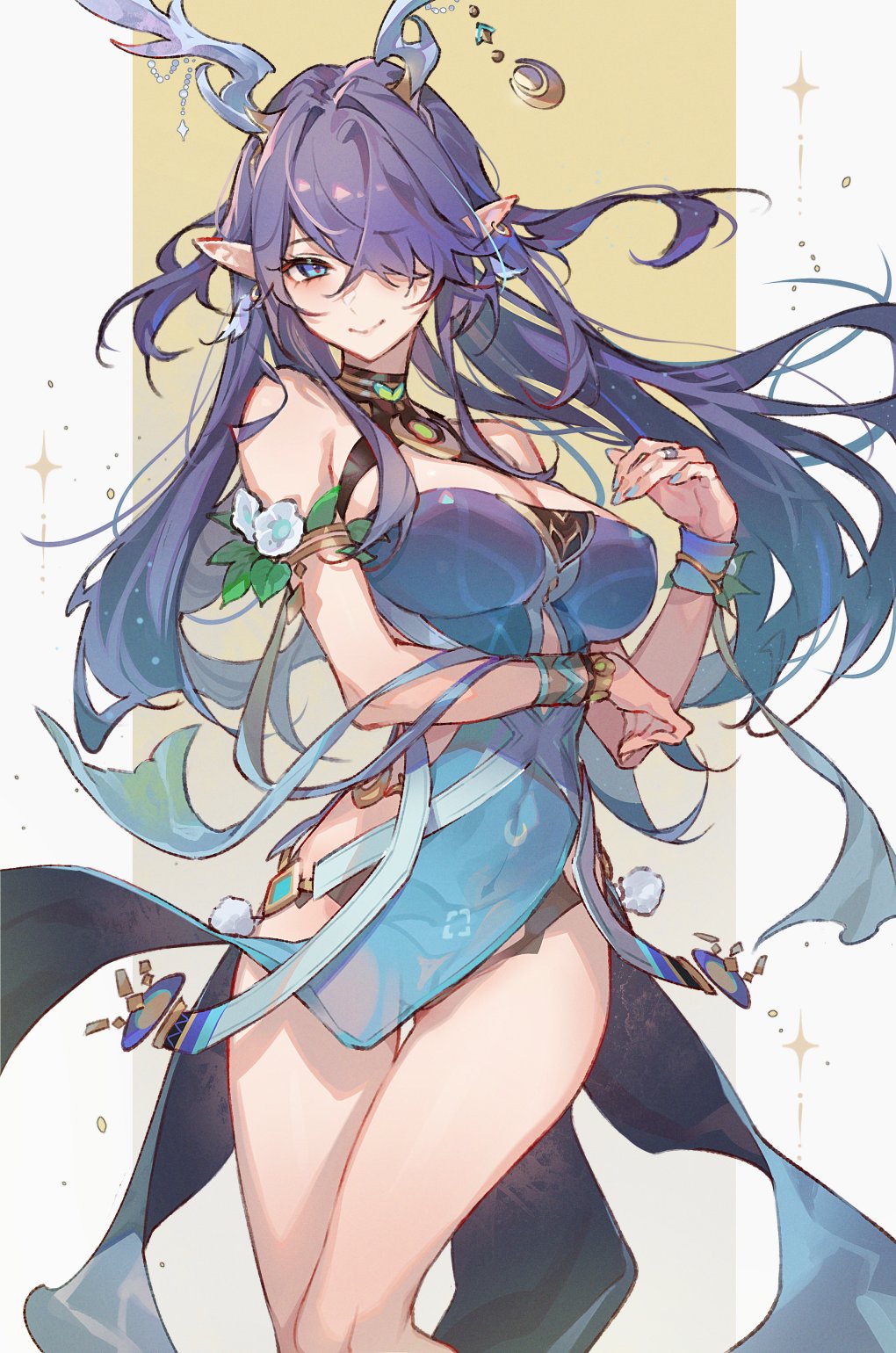 kumo sheep, lauma (genshin impact), genshin impact, highres, 1girl, antler ornament, antlers, armlet, bare shoulders, blue dress, blue eyes, blue nails, breasts, cowboy shot, crescent, dress, floating hair, flower, hair over one eye, horns, jewelry, large breasts, long hair, looking at viewer, nail polish, pointy ears, purple hair, sleeveless, sleeveless dress, smile, solo, thigh gap, white flower