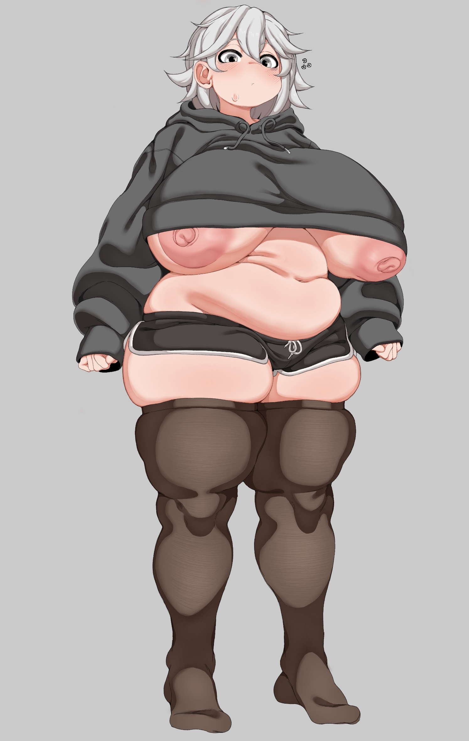 icecube2lazy, yuki (icecube2lazy), original, commentary, english commentary, highres, 1girl, blush, breasts, brown thighhighs, closed mouth, clothes lift, dolphin shorts, fat, full body, grey background, grey eyes, grey hair, hair between eyes, hood, hoodie, hoodie lift, huge breasts, long sleeves, looking at viewer, medium hair, navel, nipples, short shorts, shorts, simple background, skindentation, sleeves past wrists, solo, standing, sweatdrop, thick thighs, thighhighs, thighs