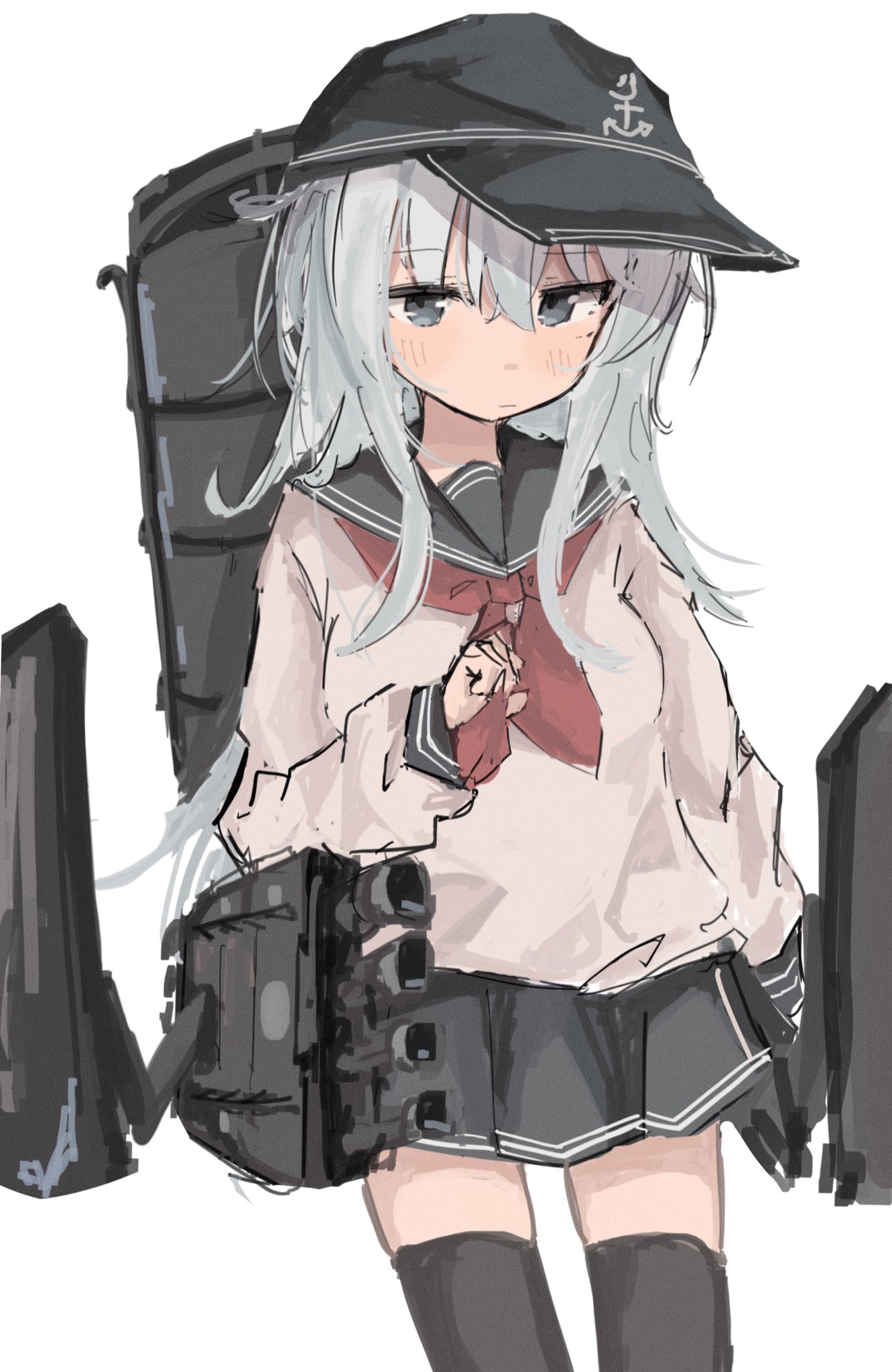 ichiha (ichi u2), hibiki (kancolle), kantai collection, highres, 1girl, anchor symbol, black hat, black sailor collar, closed mouth, flat cap, grey eyes, grey hair, hair between eyes, hat, long hair, long sleeves, neckerchief, pleated skirt, red neckerchief, rigging, sailor collar, school uniform, serafuku, simple background, skirt, solo, thighhighs, white background