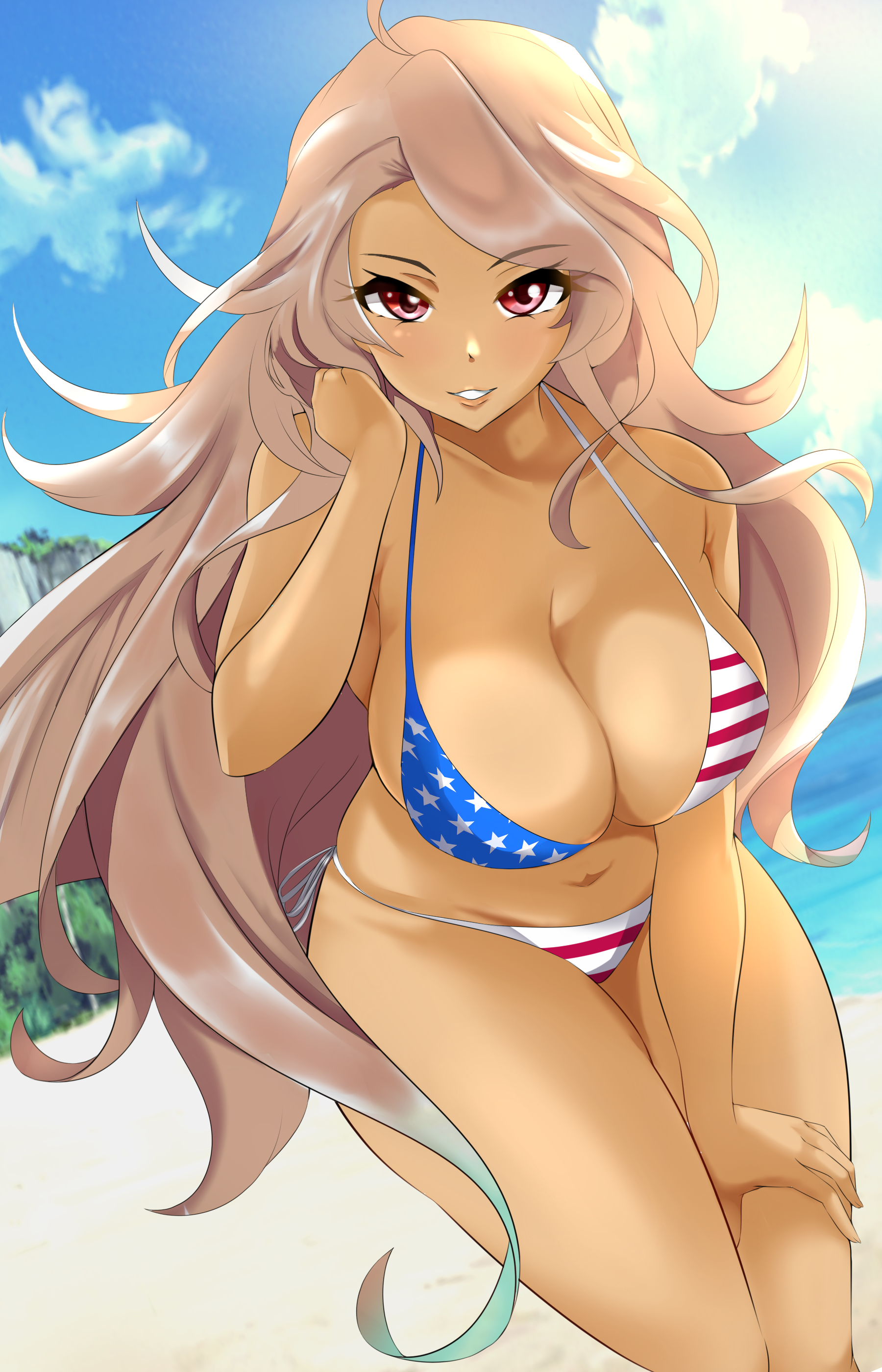 eine (ein-faust), brooklyn (azur lane), azur lane, absurdres, commentary request, highres, 1girl, ahoge, alternate costume, american flag, american flag bikini, american flag print, beach, bikini, blue sky, breasts, brown hair, cleavage, cloud, dark-skinned female, dark skin, dutch angle, flag print, flag print bikini, large breasts, long hair, looking at viewer, parted lips, print bikini, purple eyes, sand, skindentation, sky, solo, swimsuit, very long hair, water